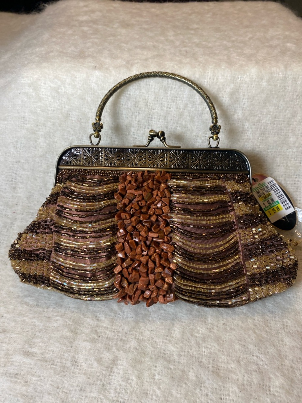 Beaded Brown Evening Clutch with Stone Center and Ornate Frame